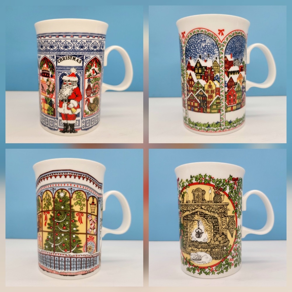 Dunoon Mugs Cups Christmas Set of 4 Sue Scullard Fine Bone China Made in England